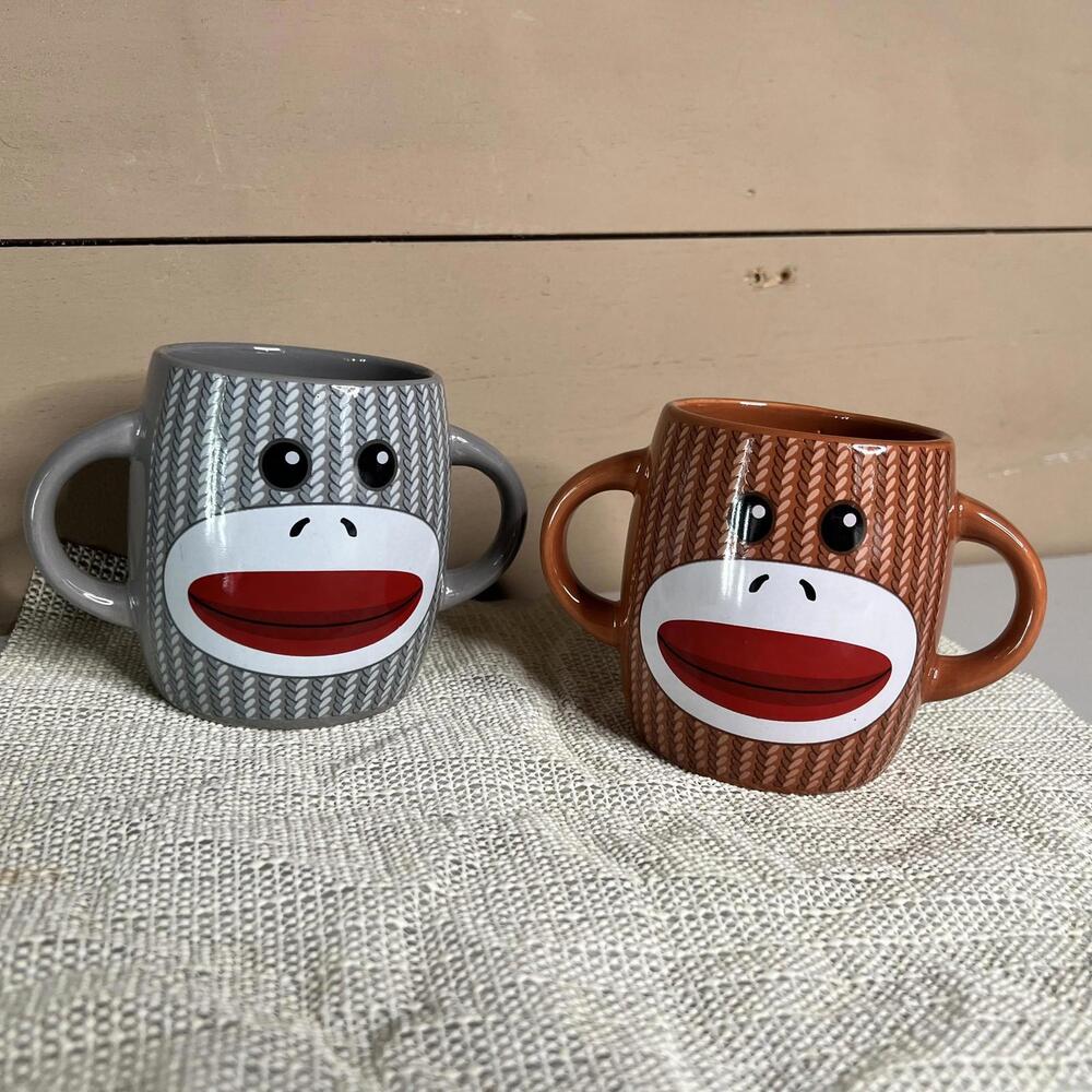 Galerie Sock Monkey Novelty Coffee Mugs Set 2 Brown Gray Ceramic Double Handle‎